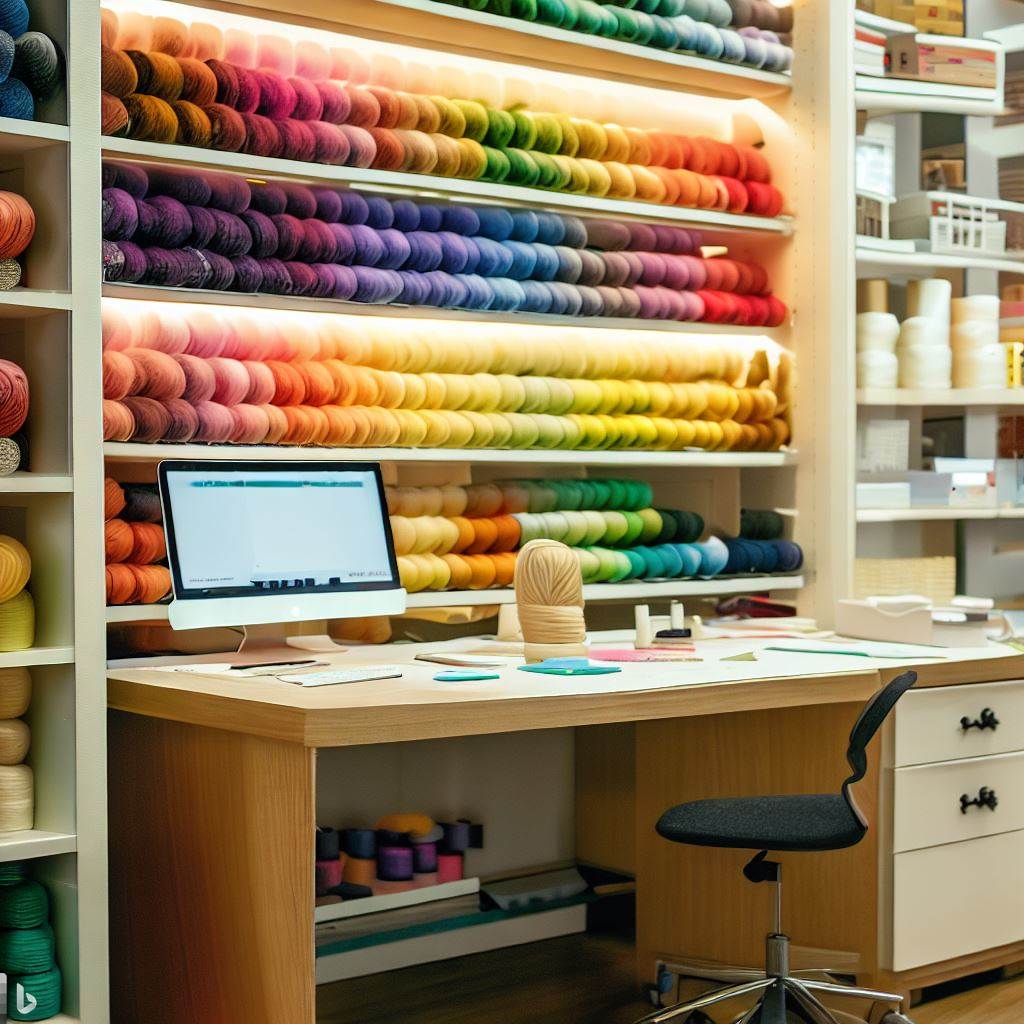 image of office and wall shelves with yarn